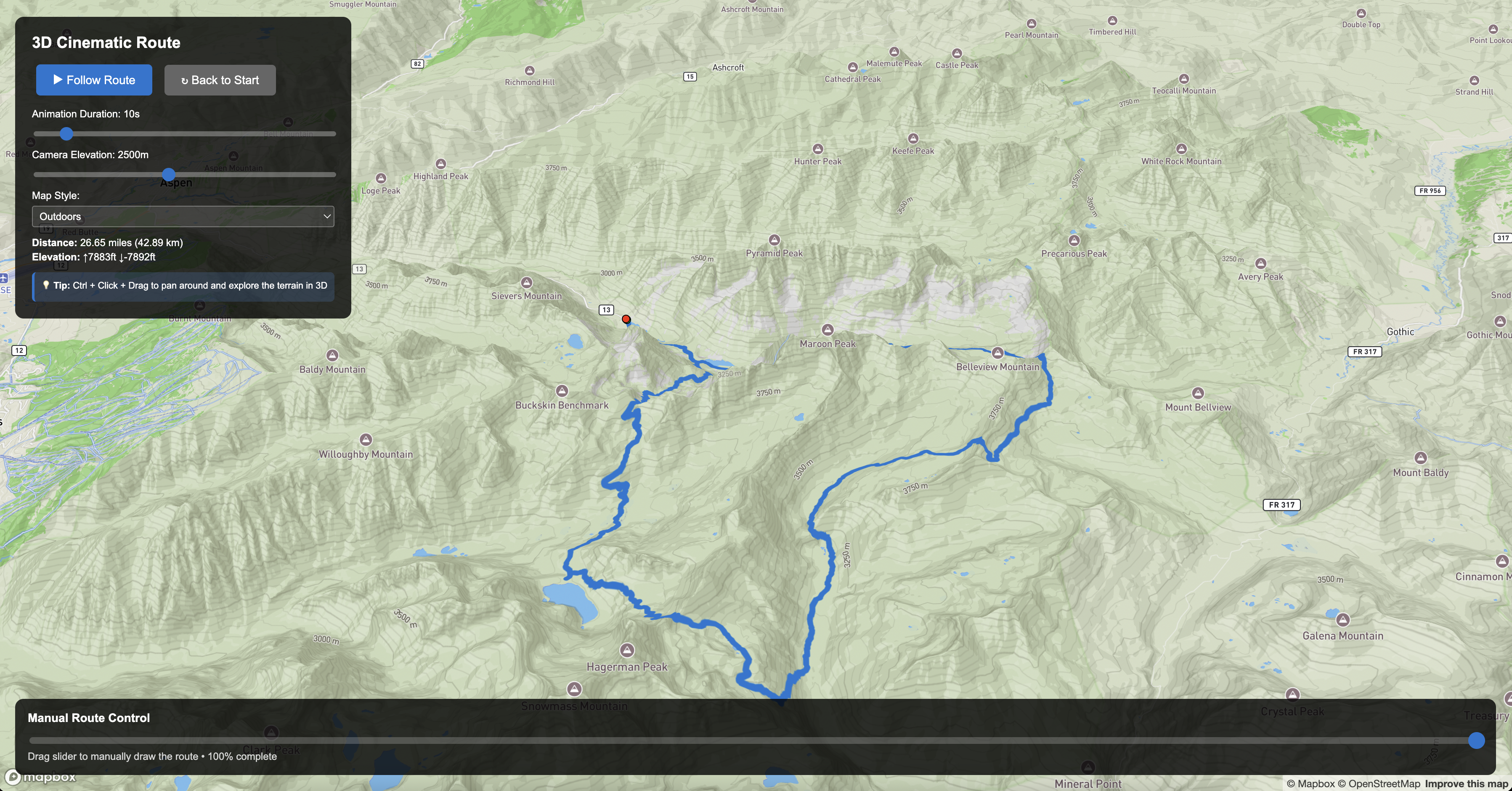 3D visualization page showing route in 3D