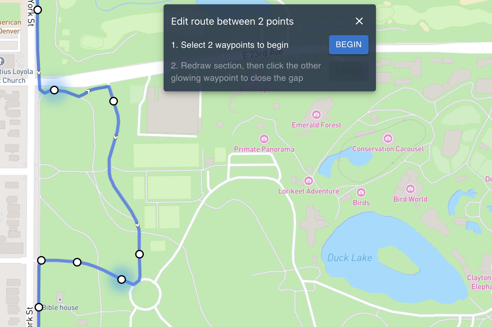 Selecting points to edit route between
