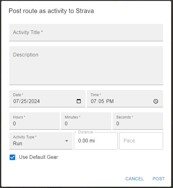Post activity to strava dialog window